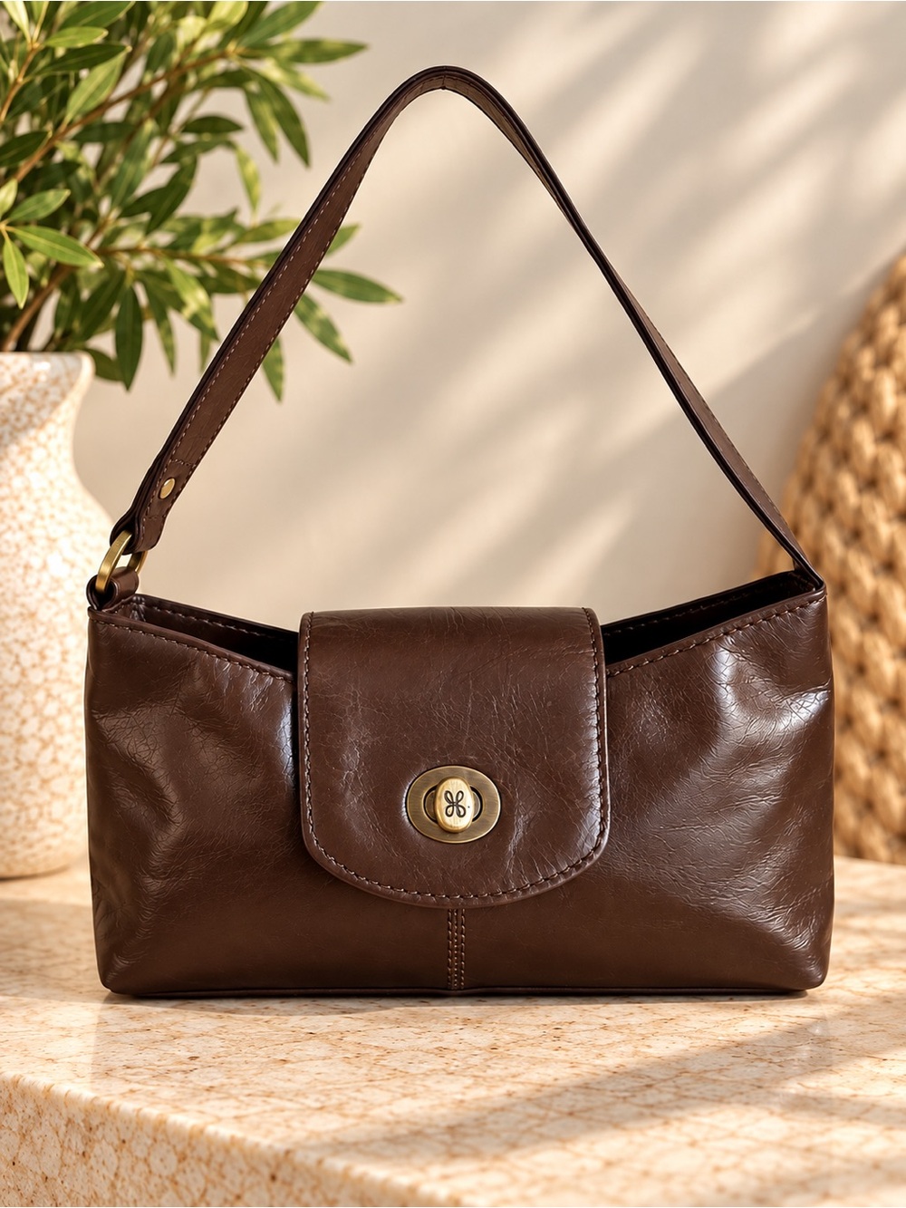 HOBO Mila Leather Shoulder Bag Brown Turn Lock Baguette East West Y2K old money